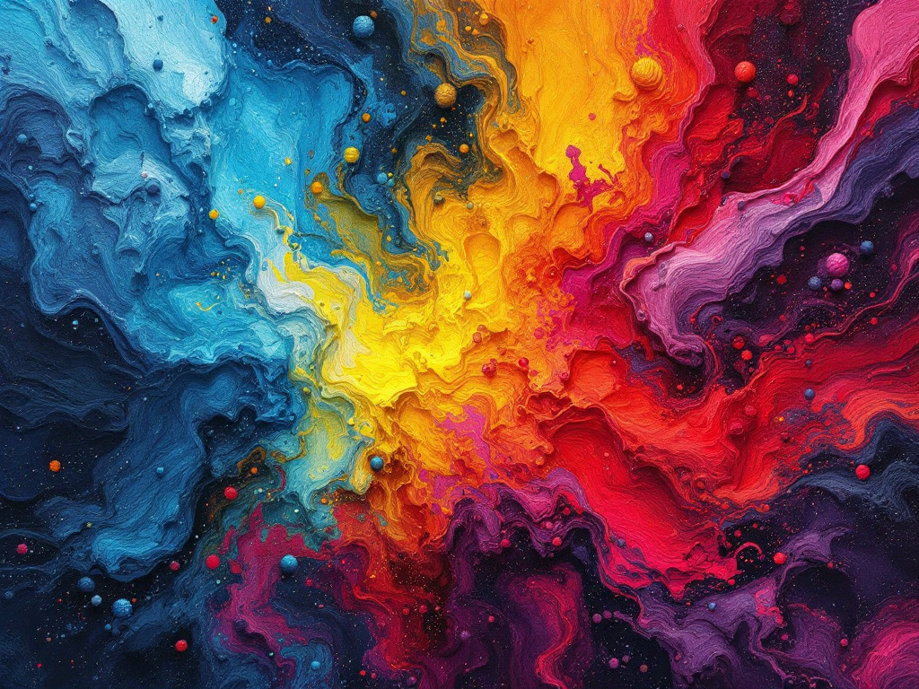 Abstract cloud-like swirls of red, blue, yellow, and purple paint