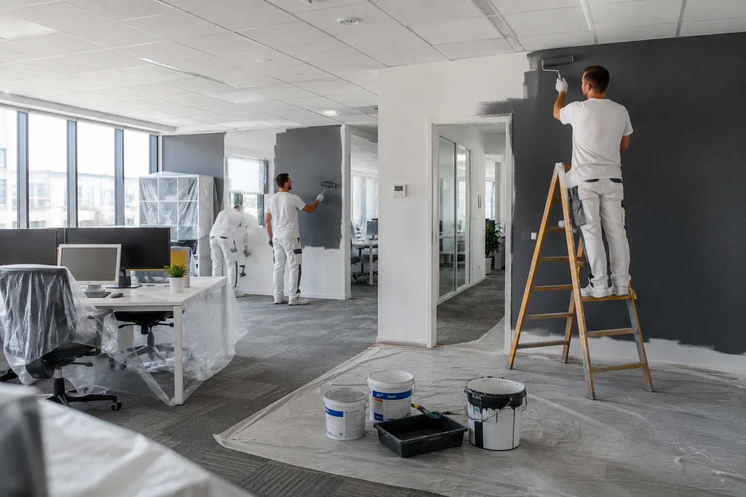 Professional office painters transforming a modern Auckland workspace with commercial interior painting services